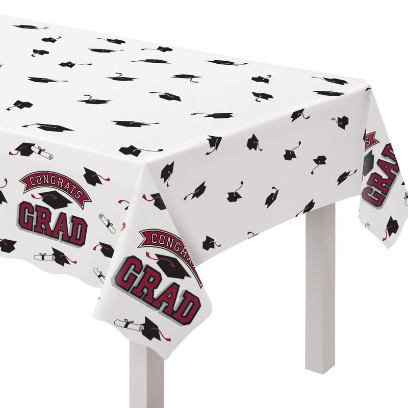 True to Your School "Congrats Grad" Rectangle Plastic Reusable Table Cover, Maroon, 54x84-in, for Graduation D1