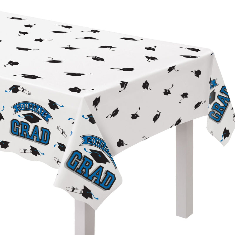 True to Your School "Congrats Grad" Rectangle Plastic Reusable Table Cover, Navy, 54x84-in, for Graduation X5