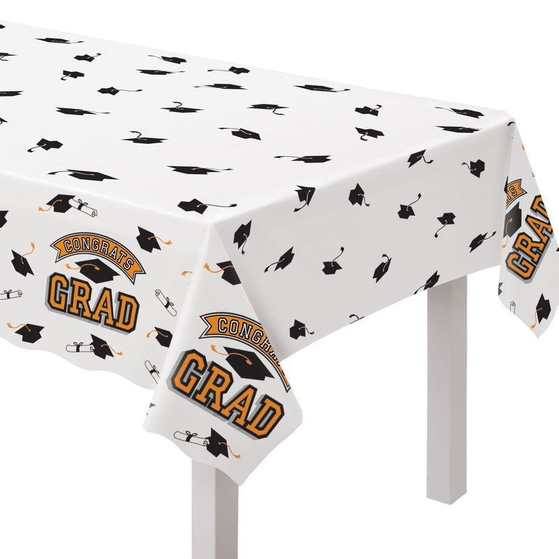 True to Your School "Congrats Grad" Rectangle Plastic Reusable Table Cover, Orange, 54x84-in, for Graduation G6