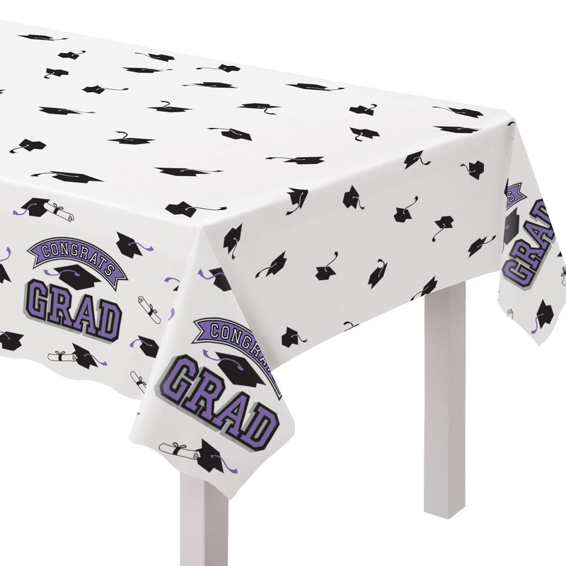True to Your School "Congrats Grad" Rectangle Plastic Reusable Table Cover, Purple, 54x84-in, for Graduation V3