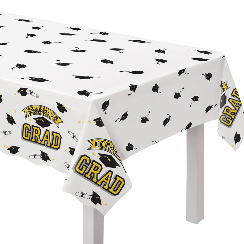 True to Your School "Congrats Grad" Rectangle Plastic Reusable Table Cover, Yellow, 54x84-in, for Graduation T4