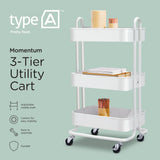 type A Momentum Steel 3-Tier Utility Cart with 4 Wheels, White