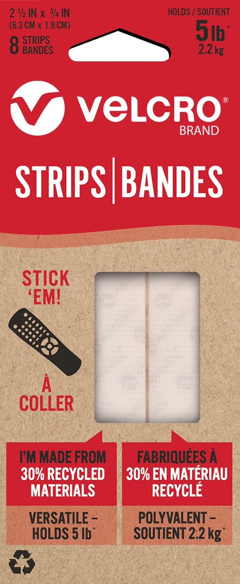 Velcro Durable Reusable Eco Strips, White, 5-lbs, 2.5 x 0.7-in, 8-pk D3