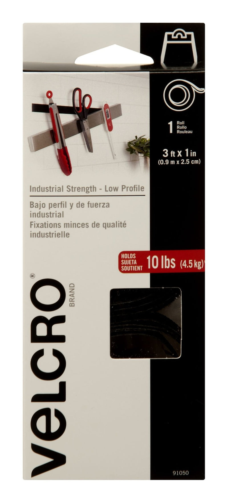 Velcro Industrial Strength Low Profile Heavy Duty Tape, Black, 10-lbs, 3-ft x 1-in, 1-pk U6