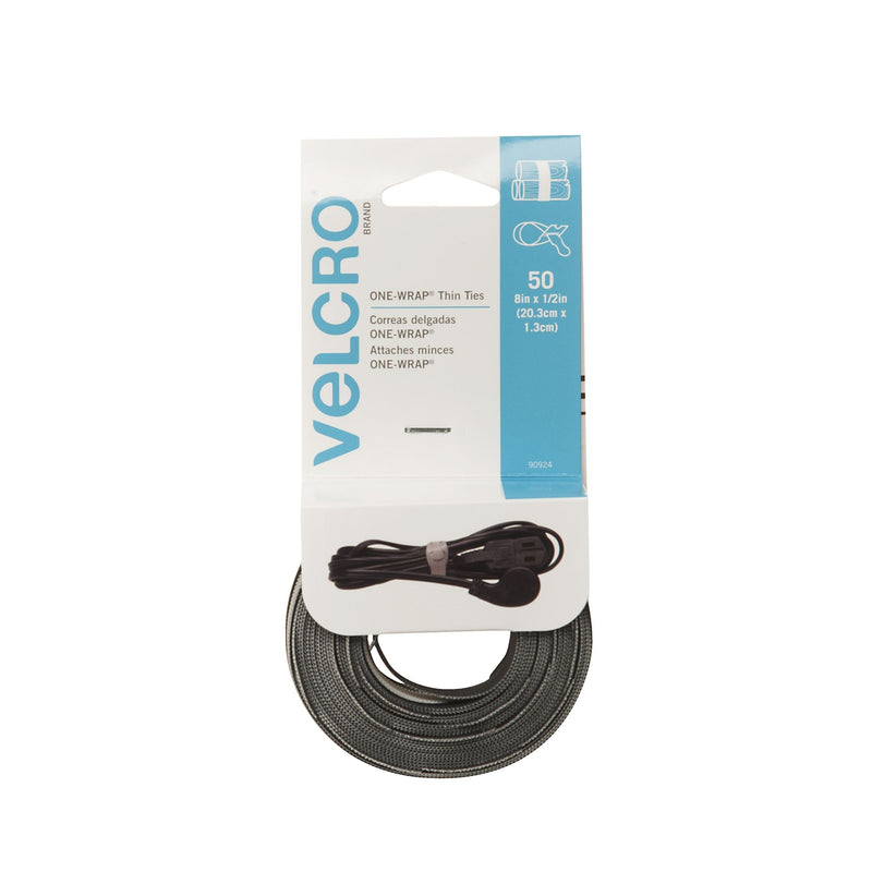 Velcro Reusable Thin Nylon Cable & Wire Ties, Black/Grey, 8 x 1/2-in, 50-pk J6