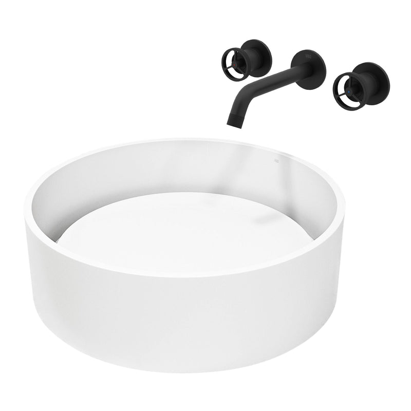 VIGO Anvil MatteStone Round White Composite Bathroom Sink/Basin Set with Cass Wall Mount Faucet and Pop-Up Drain R9