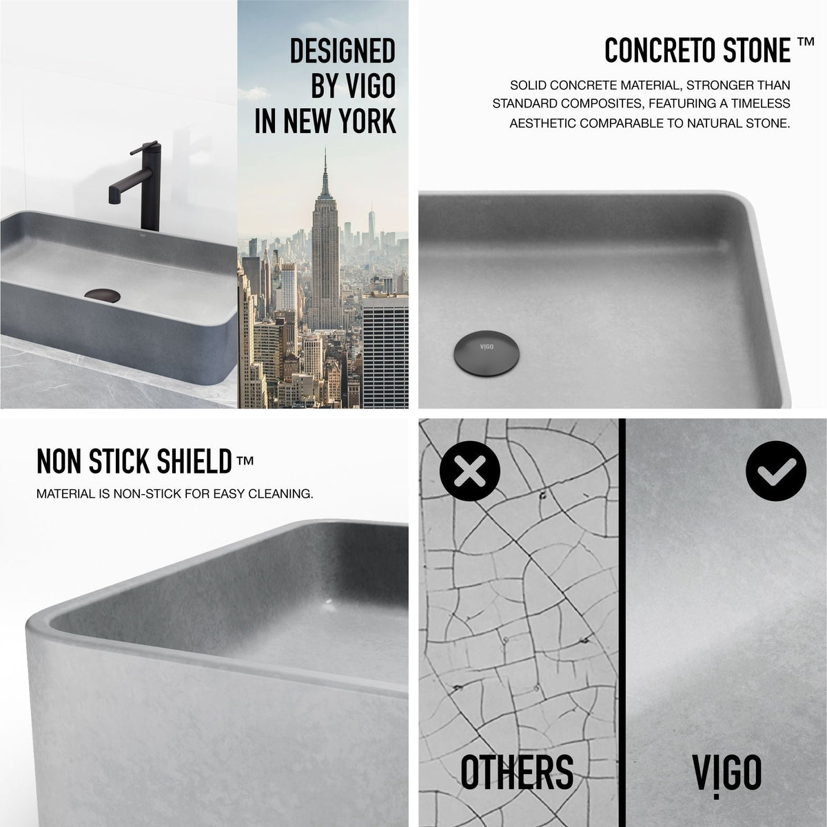 VIGO Basilica Gothic ConcretoStone Grey Bathroom Sink/Basin Set with Sterling Faucet and Rectangular Vessel