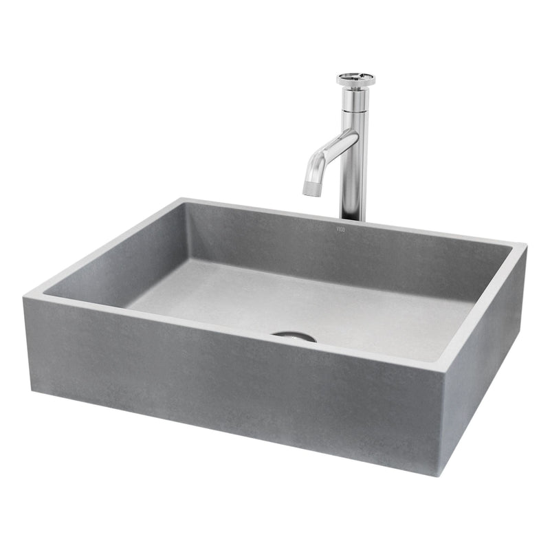 VIGO Coca Gothic ConcretoStone Grey Bathroom Sink/Basin Set with Cass Faucet and Rectangular Vessel V9