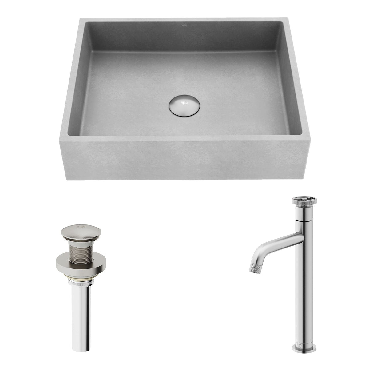 VIGO Coca Gothic ConcretoStone Grey Bathroom Sink/Basin Set with Cass Faucet and Rectangular Vessel