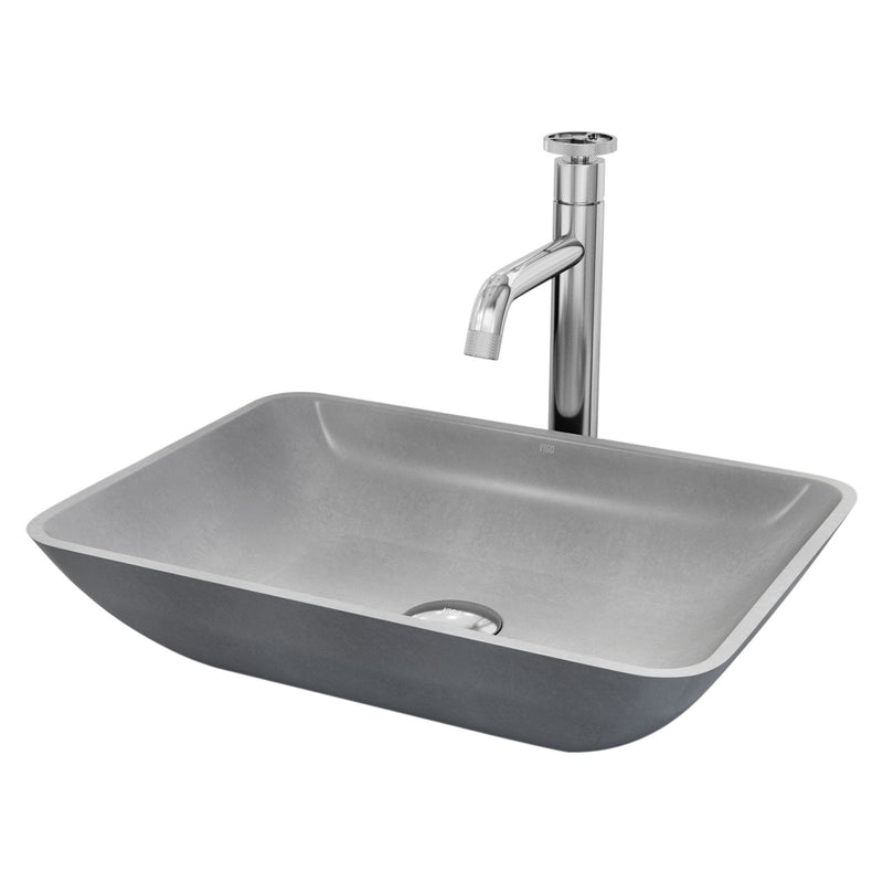 VIGO Duomo Gothic ConcretoStone Grey Bathroom Sink/Basin Set with Cass Faucet and Rectangular Vessel H2