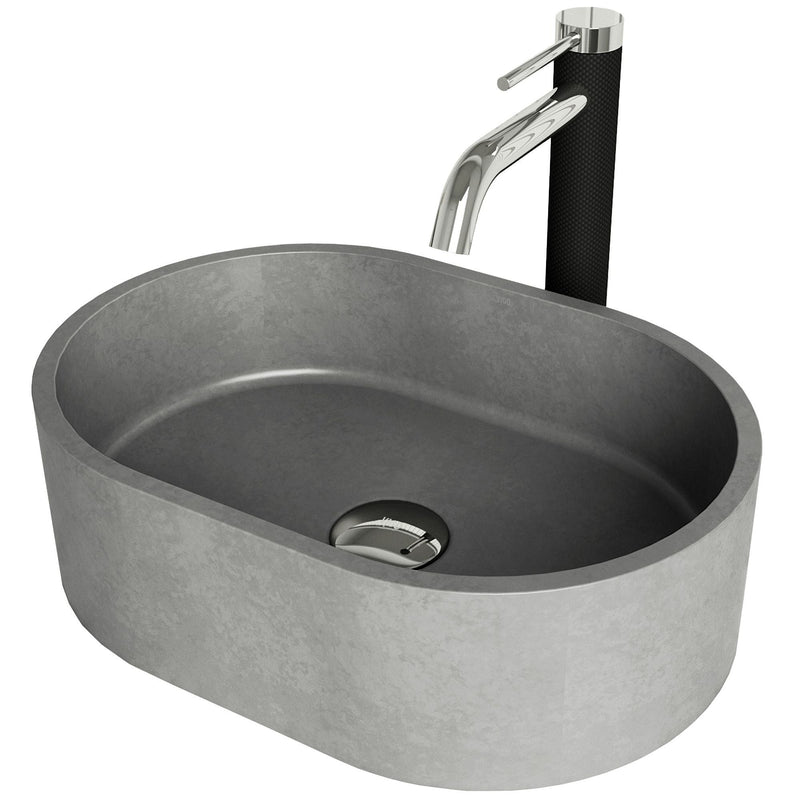 VIGO Giralda Gothic ConcretoStone Grey Bathroom Sink/Basin Set with Lexington Faucet and Oval Composite Vessel F9