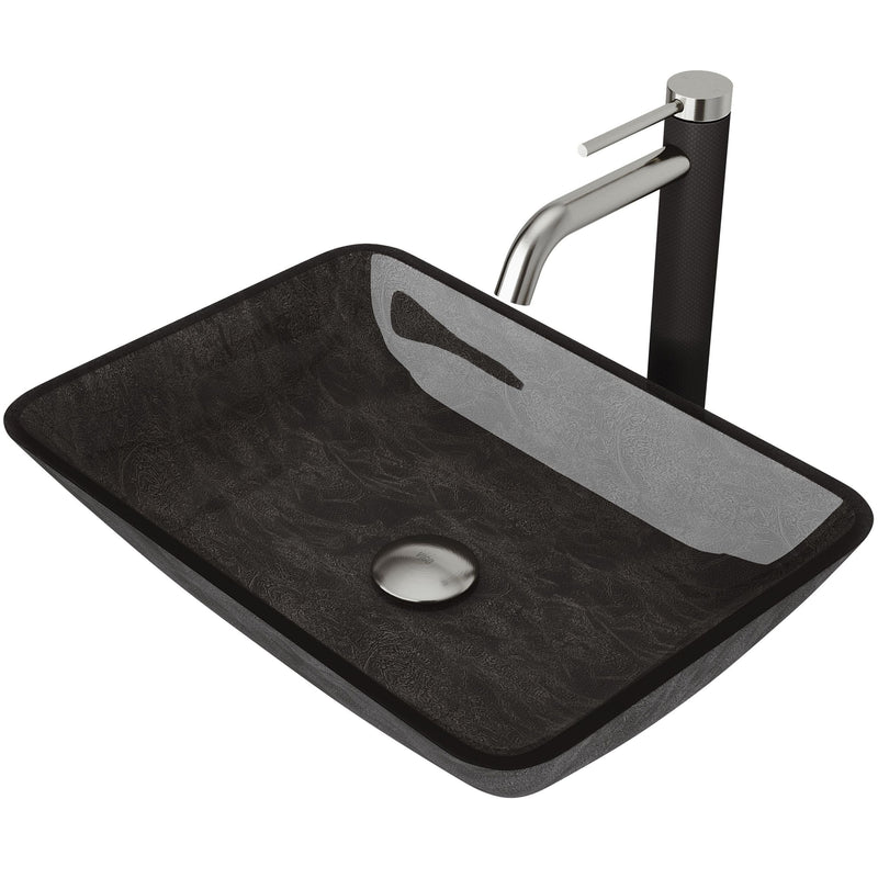 VIGO Glass Grey Onyx Bathroom Sink/Basin Set with Lexington Faucet and Rectangular Vessel L4