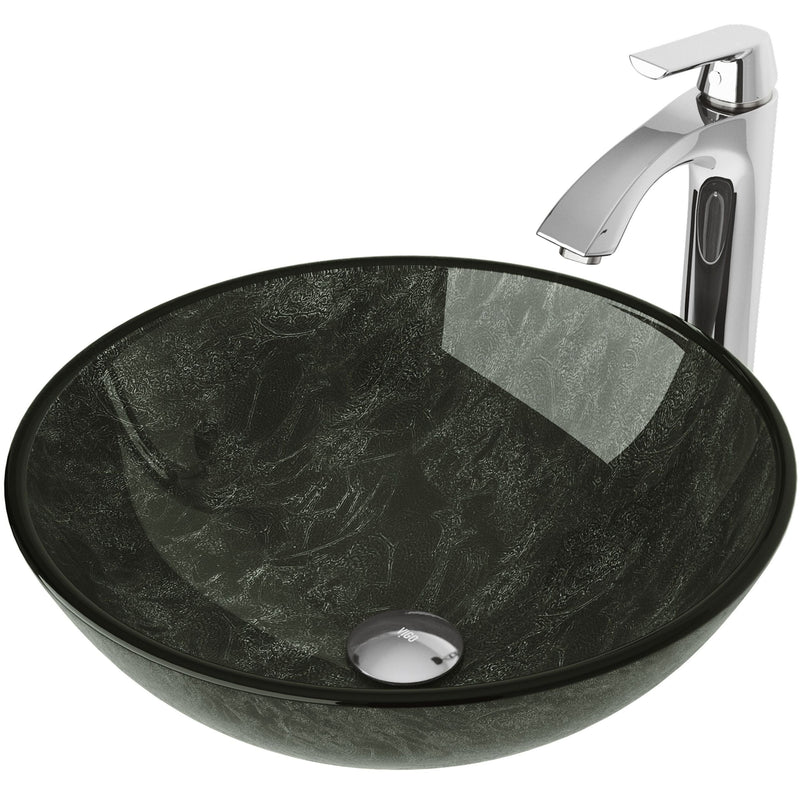 VIGO Glass Grey Onyx Bathroom Sink/Basin Set with Linus Faucet and Round Vessel Y7