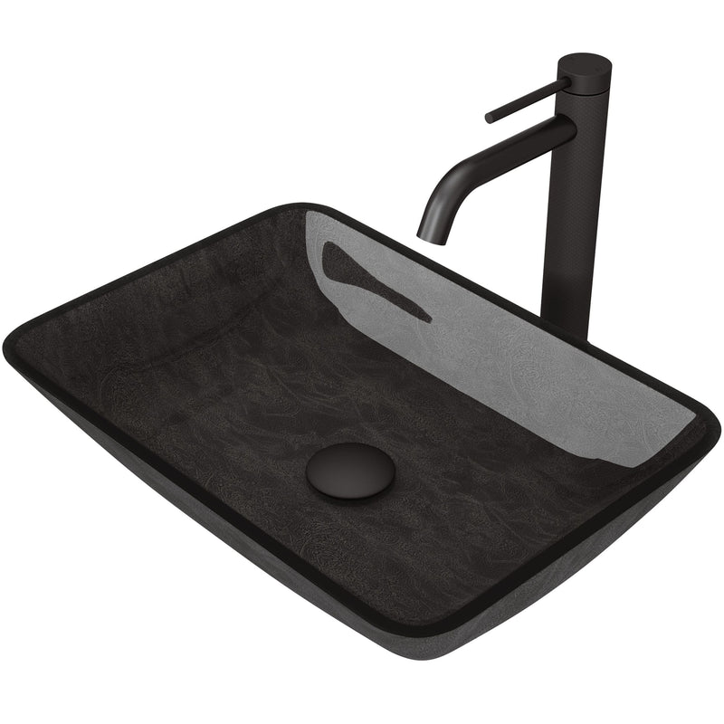 VIGO Glass Grey Onyx Bathroom Sink/Basin Set with Matte Black Lexington Faucet and Rectangular Vessel Y9