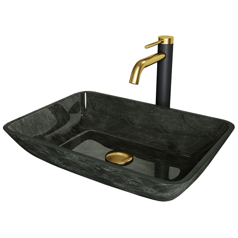 VIGO Glass Grey Onyx Bathroom Sink/Basin Set with Matte Gold Lexington Faucet and Rectangular Vessel V1