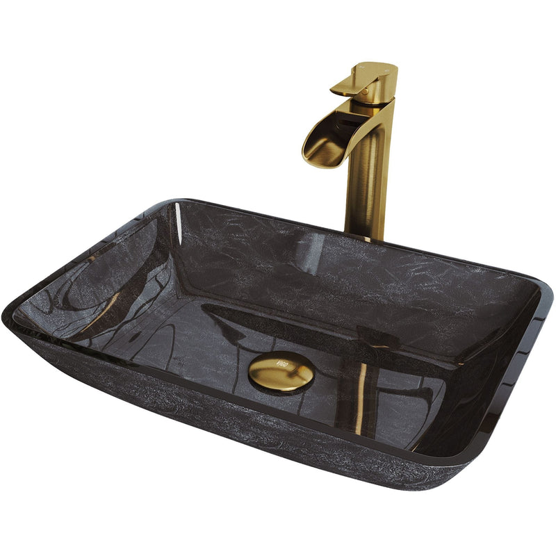 VIGO Glass Grey Onyx Bathroom Sink/Basin Set with Matte Gold Niko Faucet and Rectangular Vessel M3