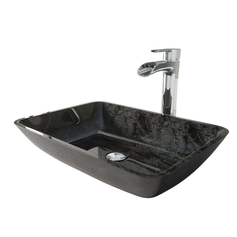 VIGO Glass Grey Onyx Bathroom Sink/Basin Set with Niko Faucet and Rectangular Vessel I2