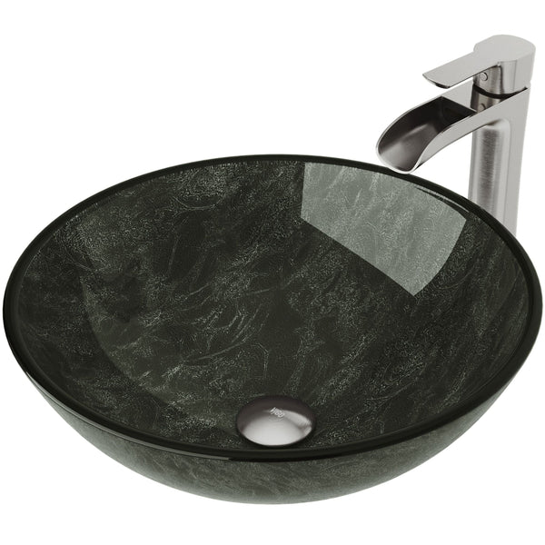 VIGO Glass Grey Onyx Bathroom Sink/Basin Set with Niko Faucet and Round Vessel H9