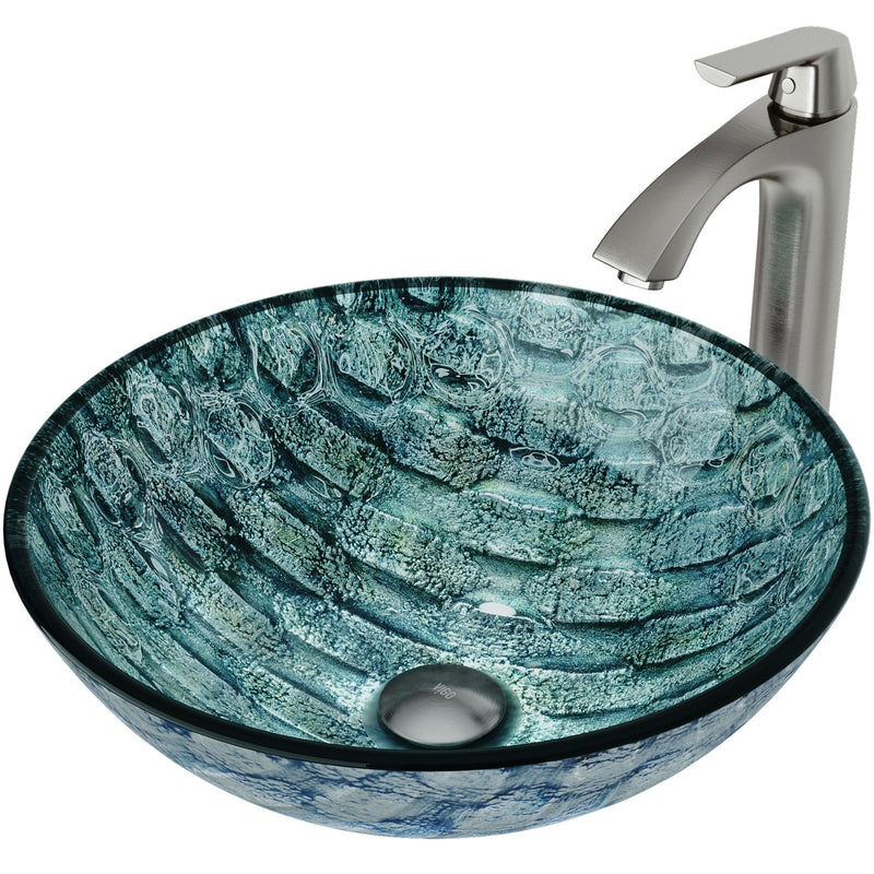 VIGO Glass Oceania Blue Bathroom Sink/Basin Set with Linus Faucet and Round Vessel P5