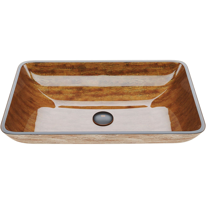 VIGO Glass Rectangular Vessel Bathroom Sink/Basin with Rounded Edges & Deep Bowl, Amber Sunset E2