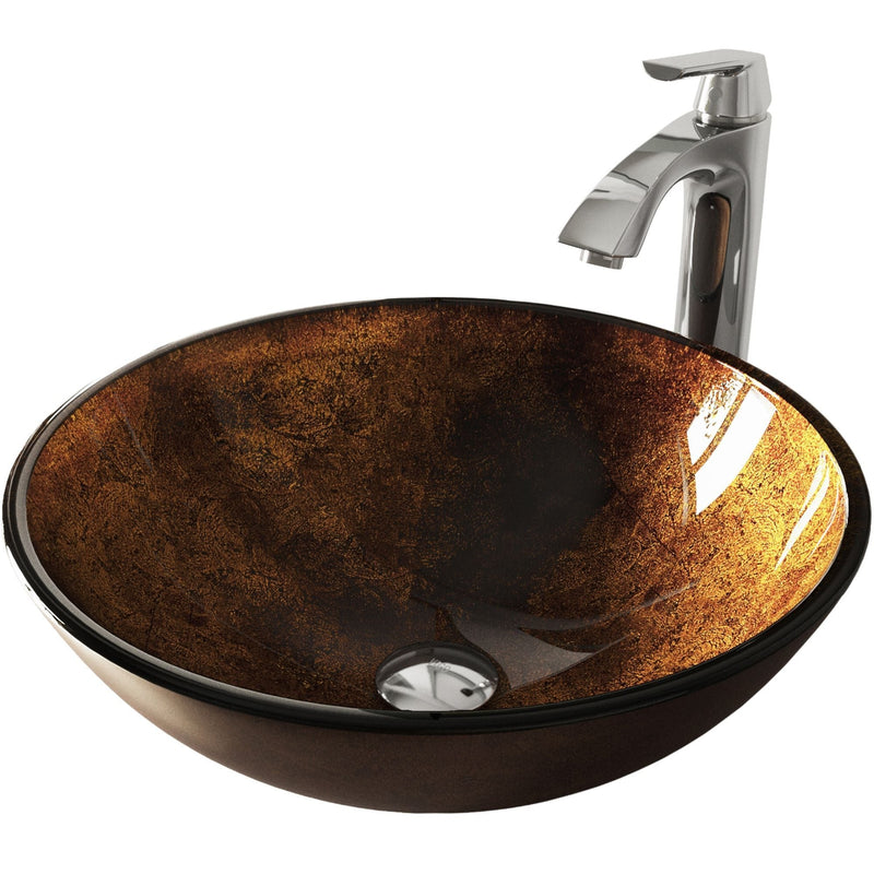 VIGO Glass Russet Brown Bathroom Sink/Basin Set with Linus Faucet and Round Vessel P8