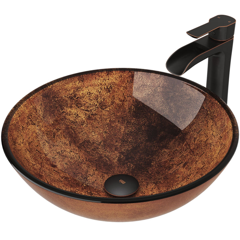 VIGO Glass Russet Brown Bathroom Sink/Basin Set with Niko Faucet and Round Vessel U0