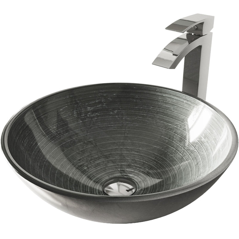VIGO Glass Simply Silver Bathroom Sink/Basin Set with Chrome Duris Faucet and Round Vessel D5