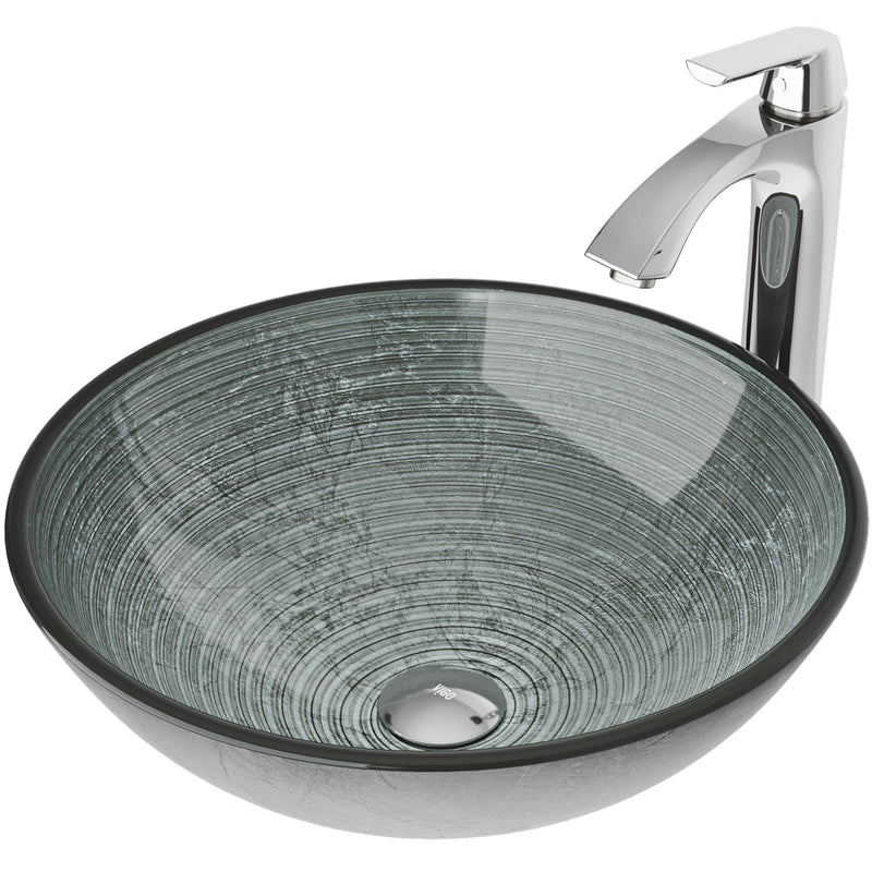 VIGO Glass Simply Silver Bathroom Sink/Basin Set with Linus Faucet and Round Vessel P1