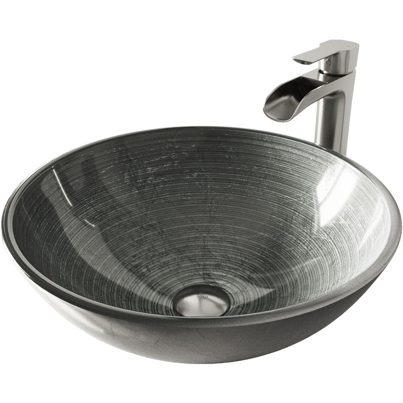 VIGO Glass Simply Silver Bathroom Sink/Basin Set with Niko Faucet and Round Vessel I4