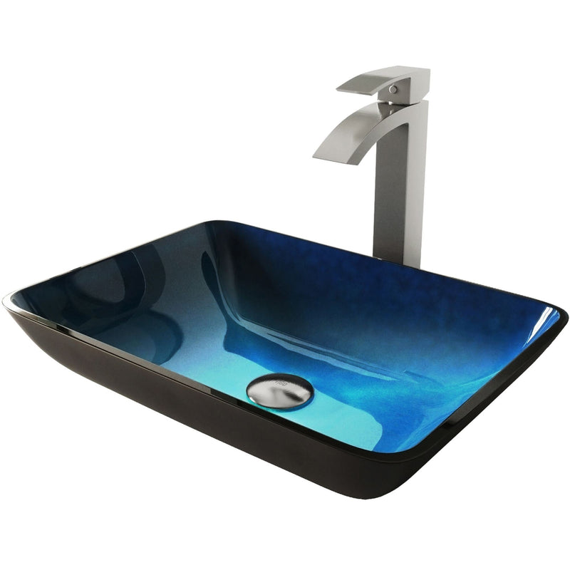 VIGO Glass Turquoise Water Bathroom Sink/Basin Set with Duris Faucet and Rectangular Vessel F2