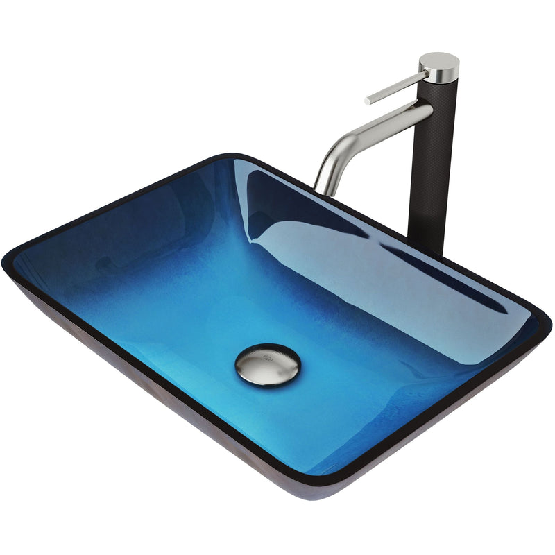 VIGO Glass Turquoise Water Bathroom Sink/Basin Set with Lexington Faucet and Rectangular Vessel K7