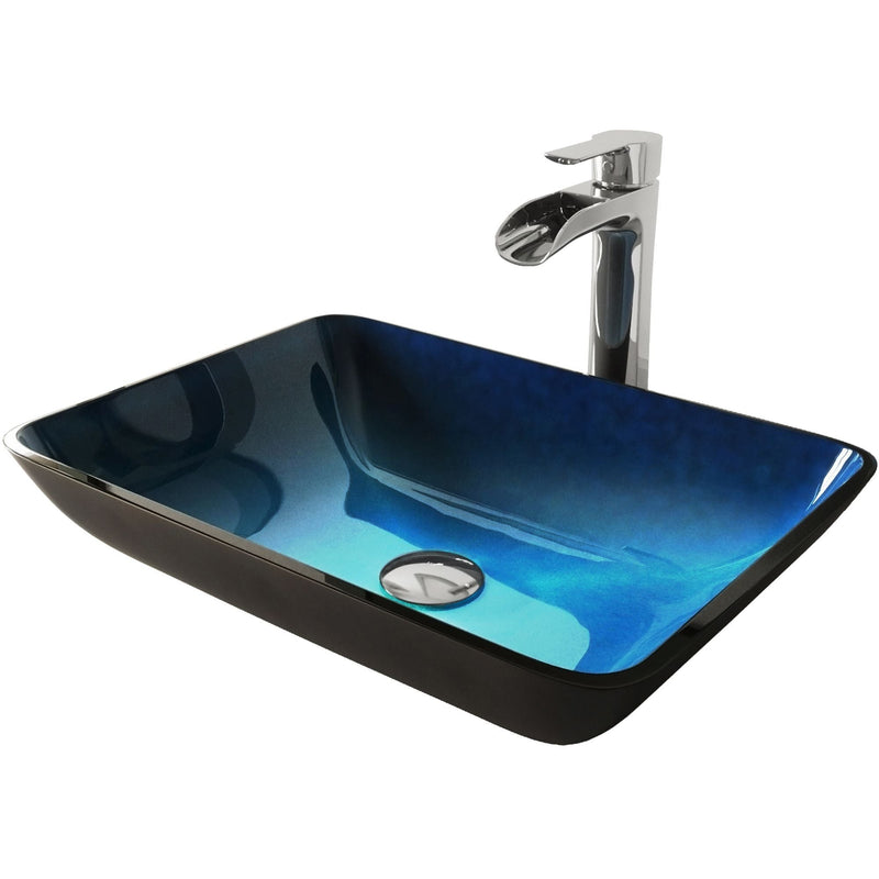 VIGO Glass Turquoise Water Bathroom Sink/Basin Set with Niko Faucet and Rectangular Vessel M6