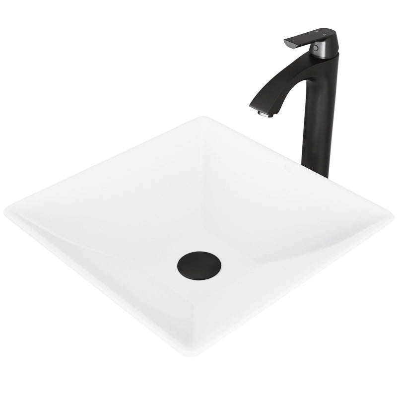 VIGO Hibiscus MatteStone White Bathroom Sink/Basin Set with Linus Faucet and Square Composite Vessel E1