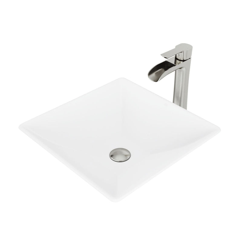 VIGO Hibiscus MatteStone White Bathroom Sink/Basin Set with Niko Faucet and Square Composite Vessel J3