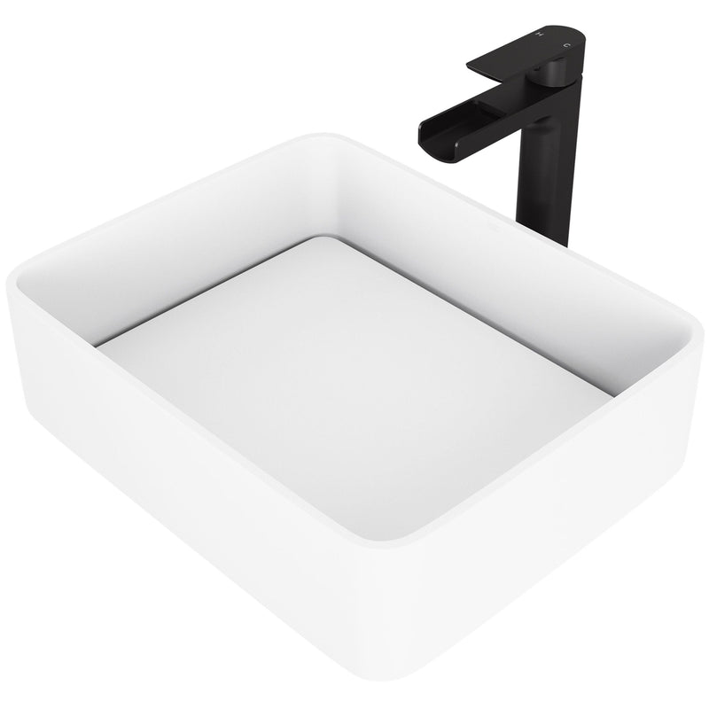 VIGO Jasmine MatteStone White Bathroom Sink/Basin Set with Amada Faucet and Rectangular Composite Vessel E4