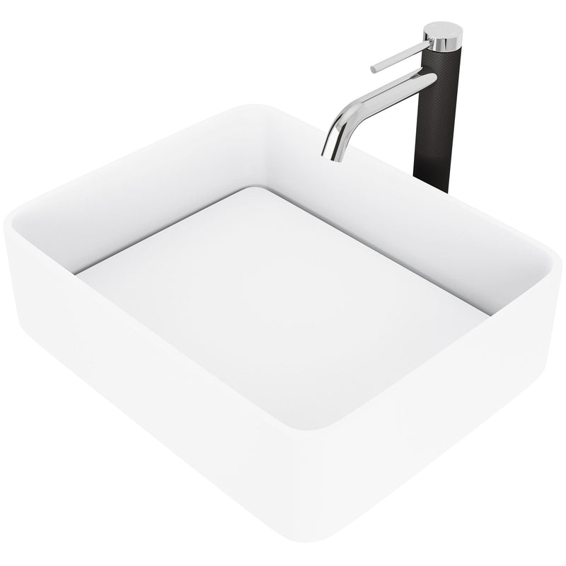 VIGO Jasmine MatteStone White Bathroom Sink/Basin Set with Lexington Faucet and Rectangular Composite Vessel J0