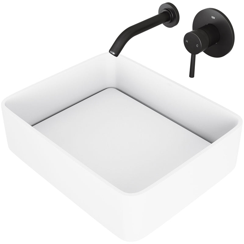 VIGO Jasmine MatteStone White Bathroom Sink/Basin Set with Olus Wall Mount Faucet and Rectangular Composite Vessel S3
