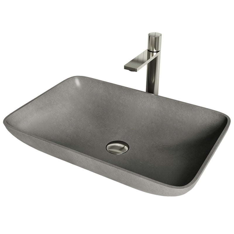 VIGO Lorca ConcretoStone Grey Bathroom Sink/Basin Set with Gotham Faucet and Rectangular Vessel D4