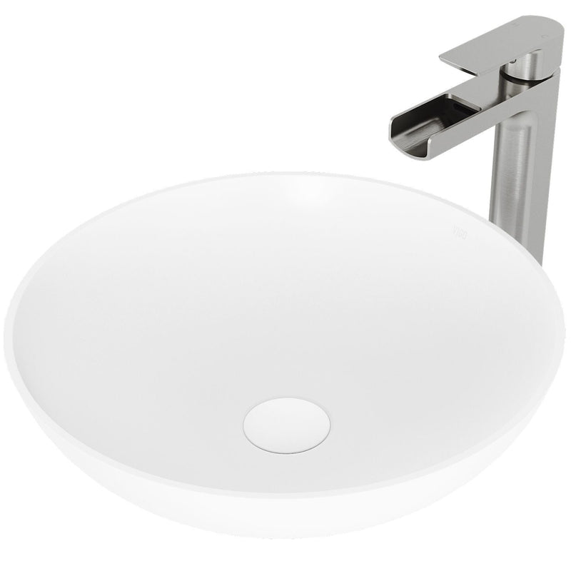 VIGO Lotus MatteStone Round White Composite Bathroom Sink/Basin Set with Amada Faucet and Pop-Up Drain A6