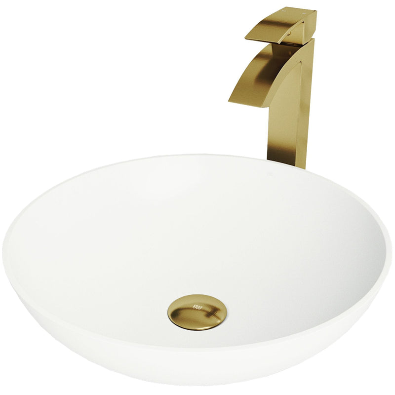 VIGO Lotus MatteStone Round White Composite Bathroom Sink/Basin Set with Duris Faucet and Pop-Up Drain P6