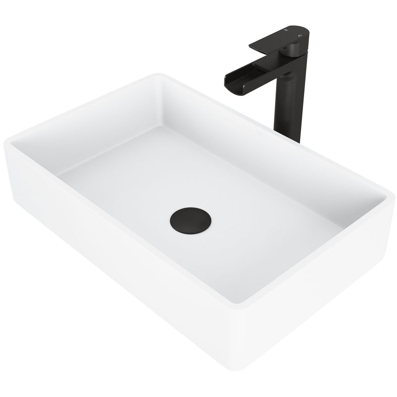 VIGO Magnolia MatteStone White Bathroom Sink/Basin Set with Amada Faucet and Rectangular Composite Vessel D0