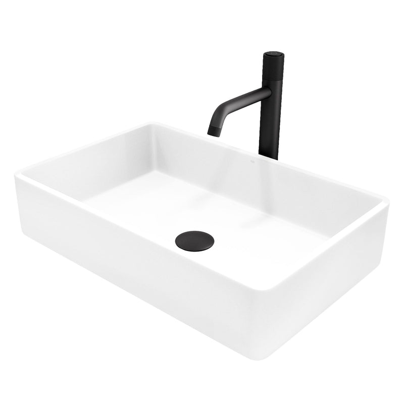 VIGO Magnolia MatteStone White Bathroom Sink/Basin Set with Apollo Faucet and Rectangular Composite Vessel K7