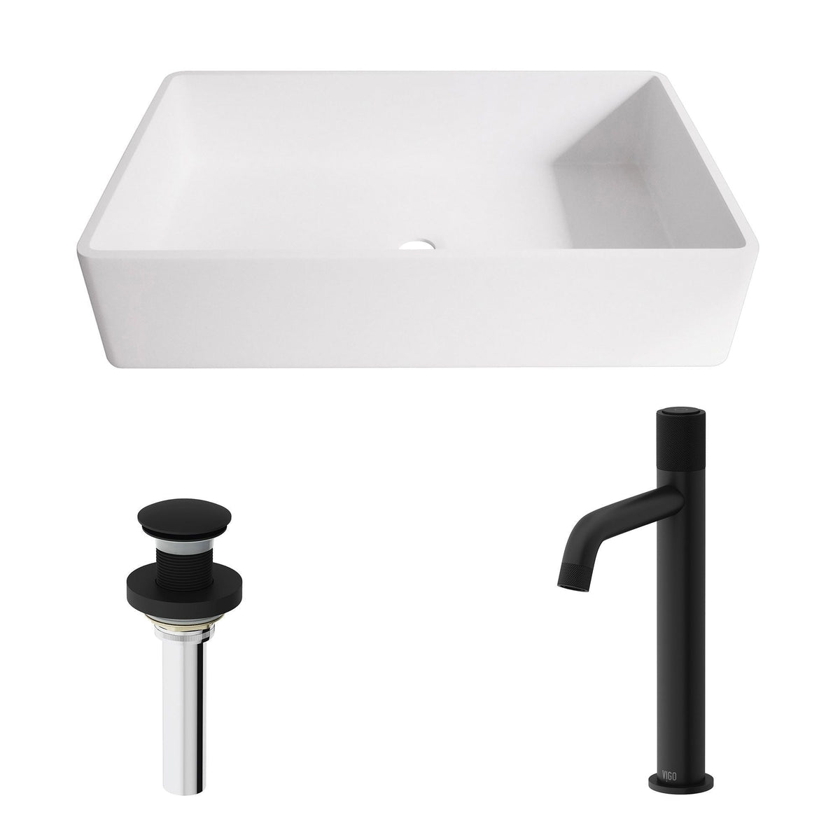 VIGO Magnolia MatteStone White Bathroom Sink/Basin Set with Apollo Faucet and Rectangular Composite Vessel