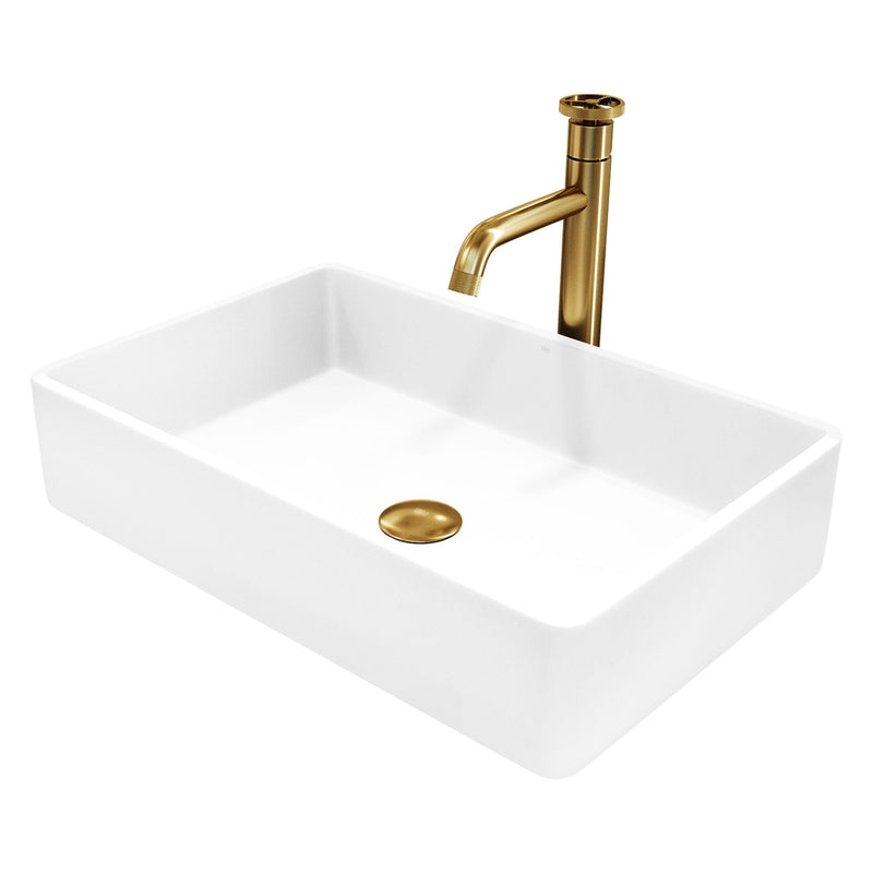 VIGO Magnolia MatteStone White Bathroom Sink/Basin Set with Cass Faucet and Rectangular Composite Vessel N6