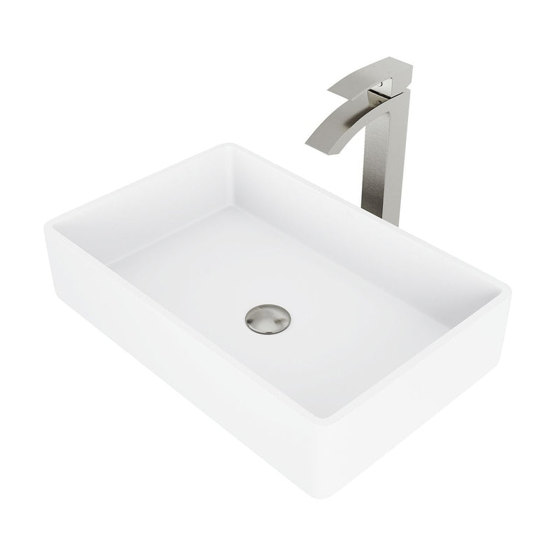 VIGO Magnolia MatteStone White Bathroom Sink/Basin Set with Duris Faucet and Rectangular Composite Vessel U1