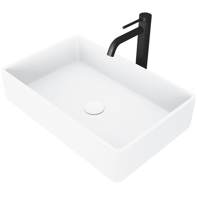 VIGO Magnolia MatteStone White Bathroom Sink/Basin Set with Lexington Faucet and Rectangular Composite Vessel Y2