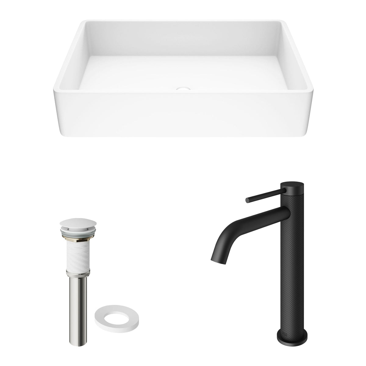 VIGO Magnolia MatteStone White Bathroom Sink/Basin Set with Lexington Faucet and Rectangular Composite Vessel