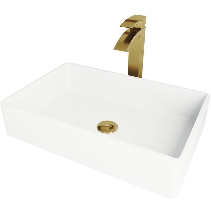 VIGO Magnolia MatteStone White Bathroom Sink/Basin Set with Matte Gold Duris Faucet and Rectangular Composite Vessel Z3