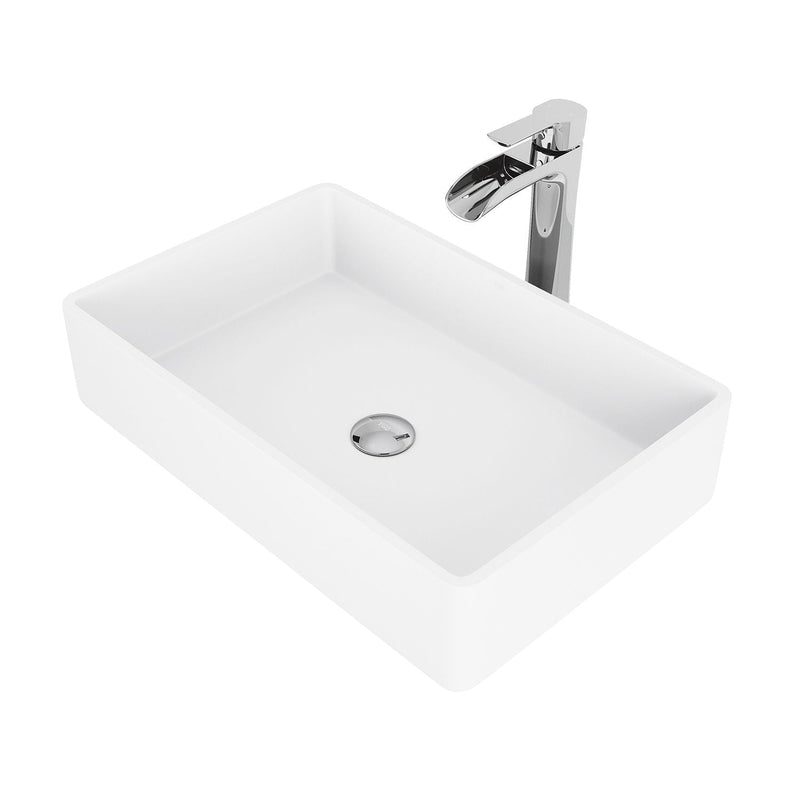 VIGO Magnolia MatteStone White Bathroom Sink/Basin Set with Niko Faucet and Rectangular Composite Vessel F6