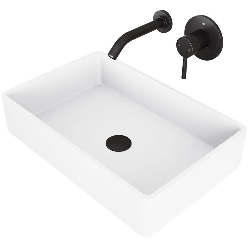 VIGO Magnolia MatteStone White Bathroom Sink/Basin Set with Olus Wall Mount Faucet and Rectangular Composite Vessel T0